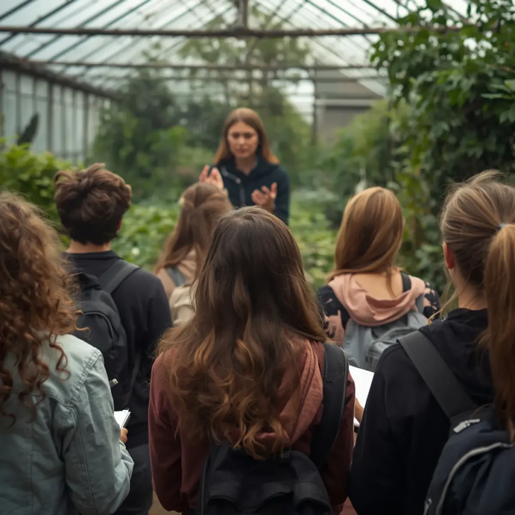 Teacher leading a Horticultural Therapy Program class with students inside a glass greenhouse