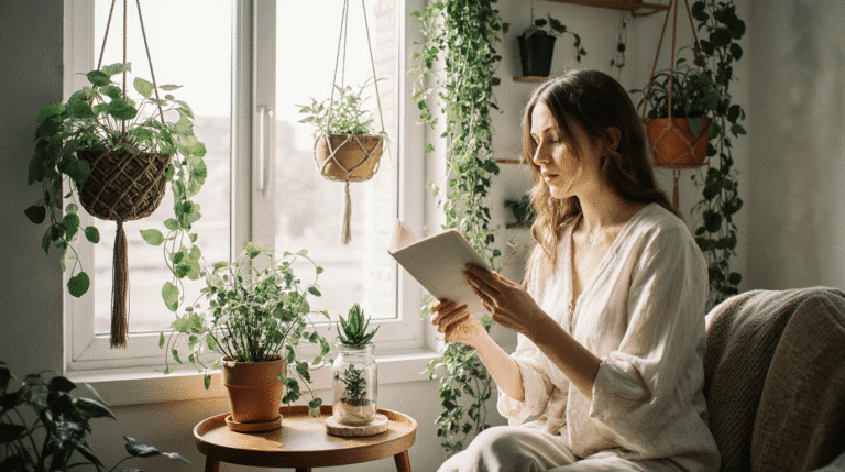 A serene woman in her 30s, wearing soft linen clothes, reading a book in a cozy indoor plant sanctuary