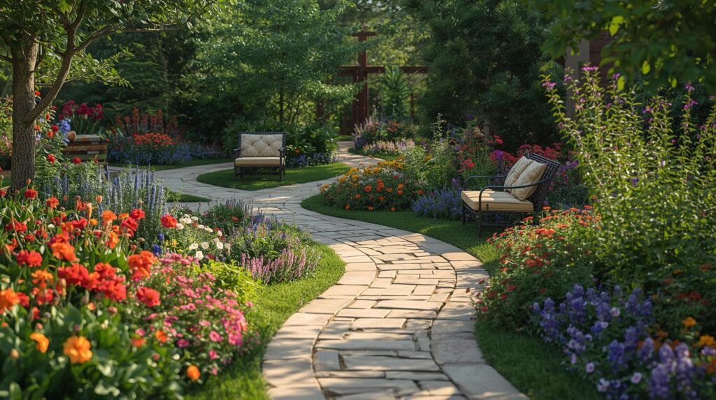 Beautiful therapeutic Gardens with curved pathways, colorful flowers, and seating areas ,Healing Sanctuary