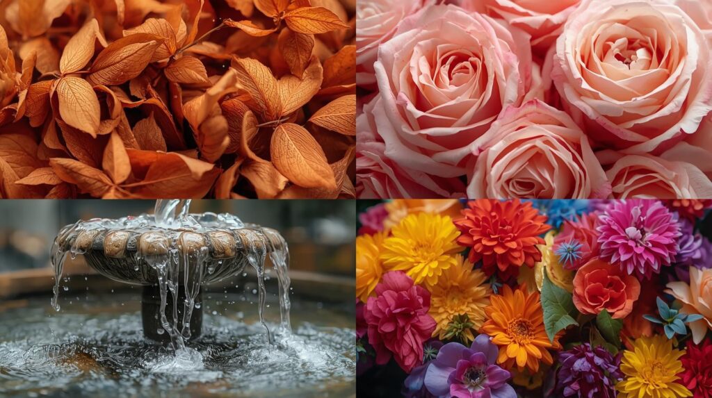 Close-up collage showing sensory elements - textured leaves, fragrant flowers, water feature, colorful blooms