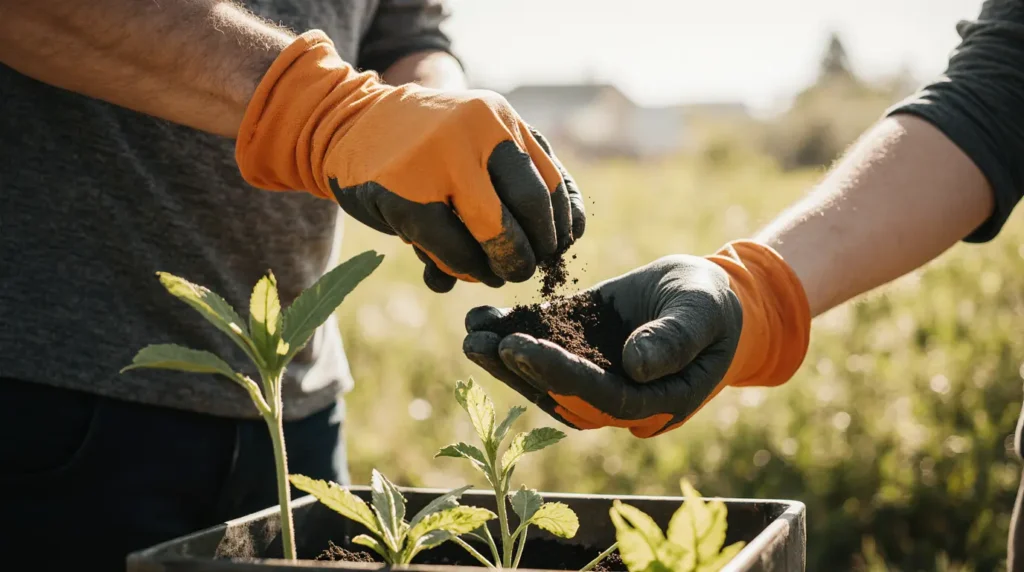 Hands in white gardening gloves holding soil above a watering can and flowering plants, symbolizing Horticultural Therapy