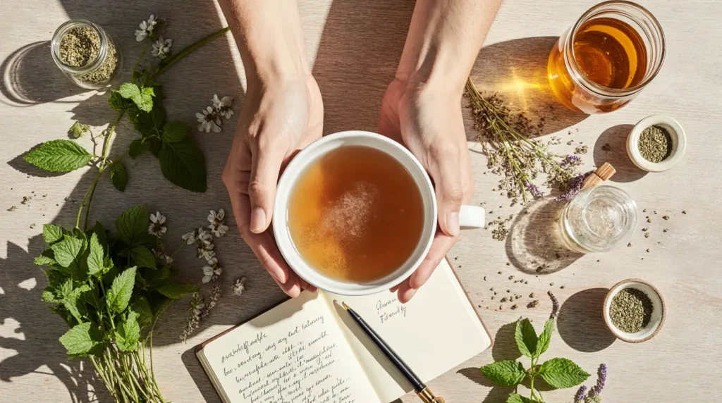 Hands holding a cup of herbal tea surrounded by mint, flowers, honey, and a notebook for a Natural Home Pharmacy guide