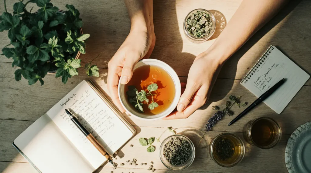 Hands holding a cup of herbal tea surrounded by mint, flowers, honey, and a notebook for a Natural Home Pharmacy guide