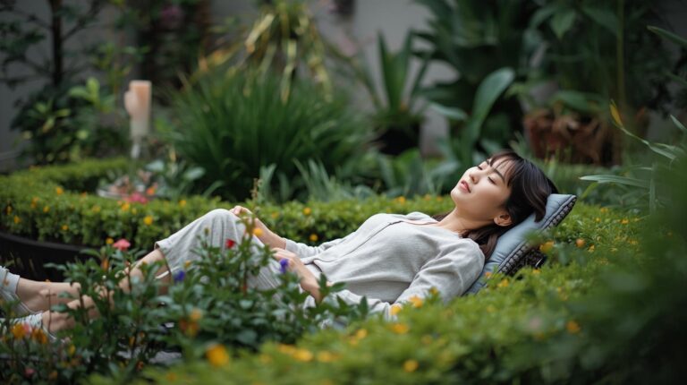 Person peacefully gardening , sitting in a therapeutic garden, showing relaxation