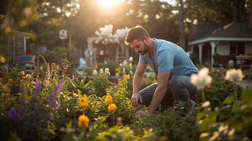 garden with someone engaged in peaceful gardening activity