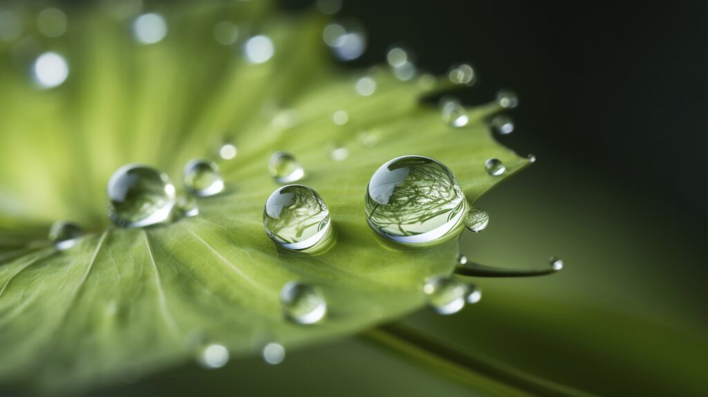 purifying plant -- Close-up of water droplets on vibrant green purifying plant leaf - natural air purification