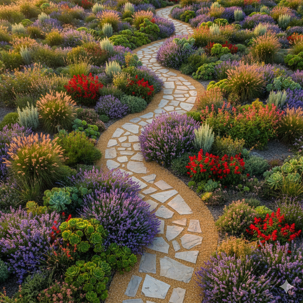 Stunning cinematic aerial view of a luxurious, mature xeriscape garden. A winding path is surrounded by colorful, drought-tolerant flowering plants, showcasing sustainable beauty