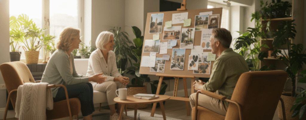 Three people sitting around a mood board filled with ideas, in a space bathed in natural light and plants.