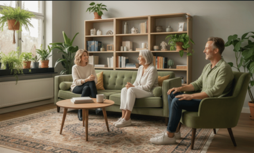 Three people sitting on a sofa, engaged in relaxed conversation, in a very home-staged setting (interior design).