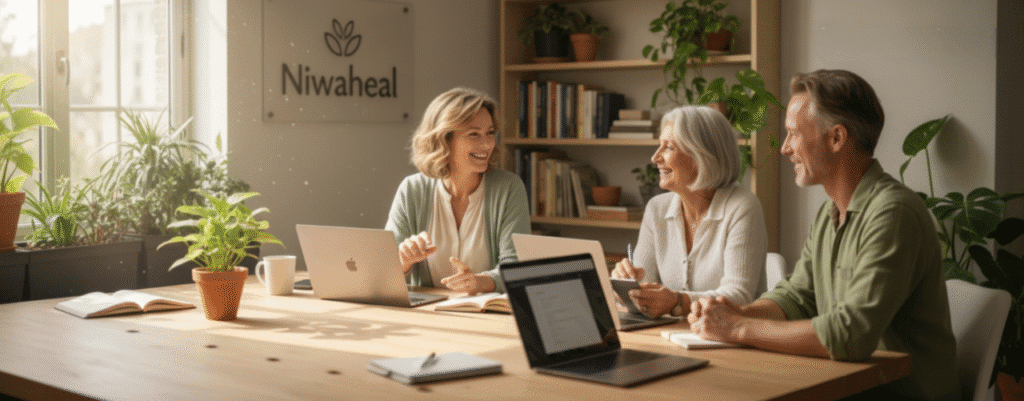 Three people working together on laptops around a large table