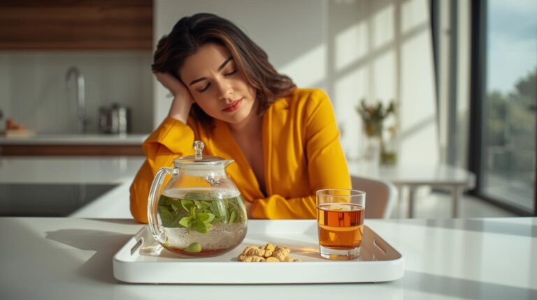 Tired pregnant woman finding relief with herbal ginger tea for morning sickness