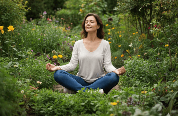 sensory garden -Woman meditating in a lush sensory garden, practicing mindfulness and horticultural therapy for deep stress relief.