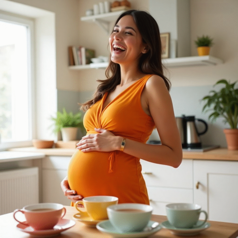Close-up of a smiling pregnant woman in an orange top, gently holding her baby bump while standing in a bright kitchen. The image conveys health, safety, and natural wellness during pregnancy