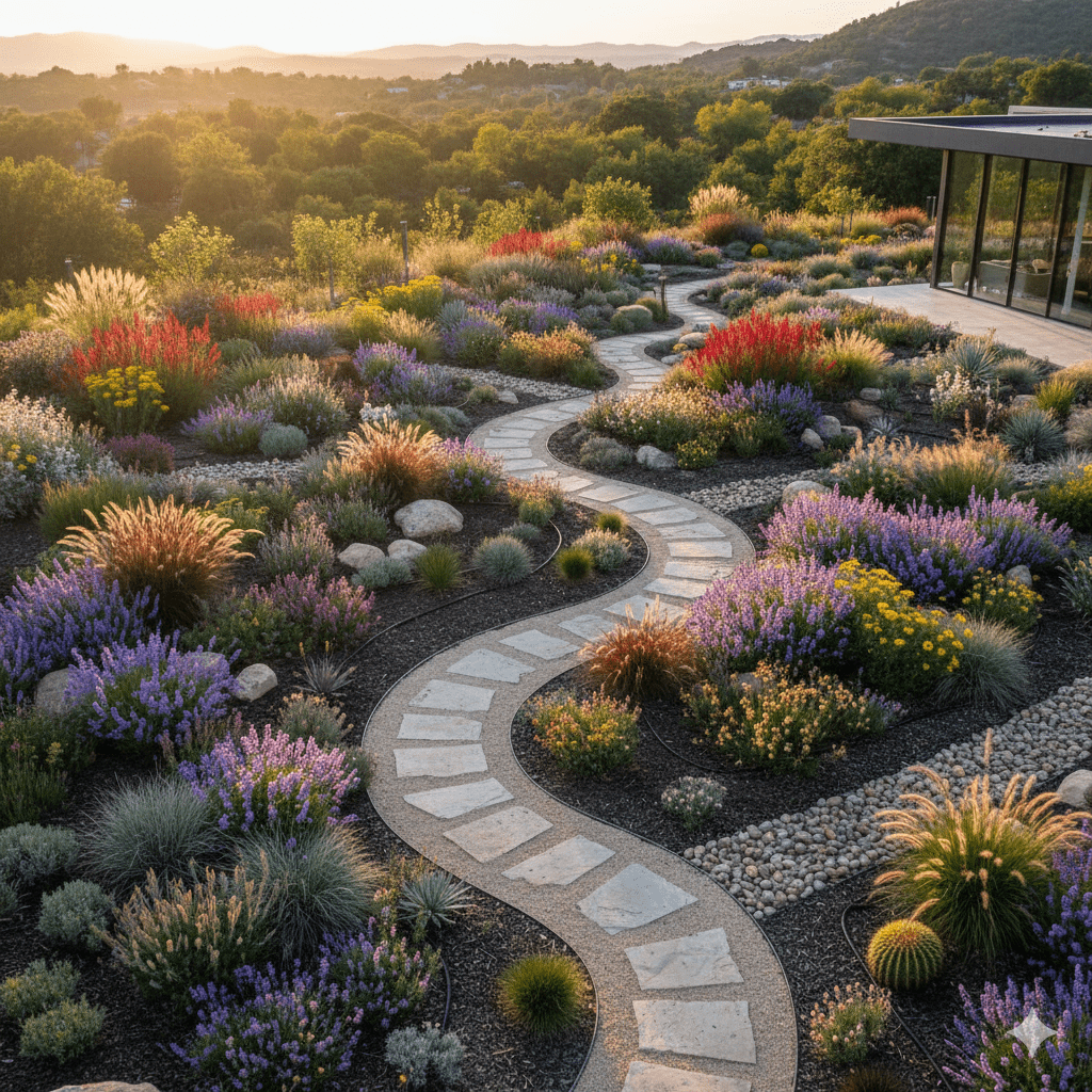 Xeriscaping-tunning aerial view of a luxurious, mature xeriscaping garden. A winding gravel path is surrounded by colorful drought-tolerant flowering plants