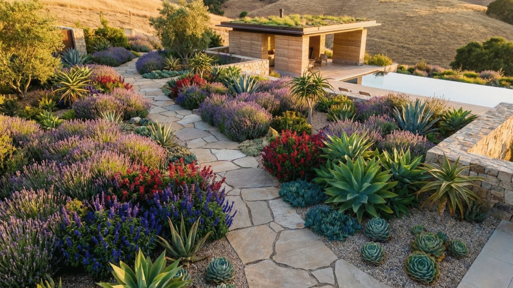 Award-winning aerial photography, luxurious xeriscape garden at golden hour. Meandering stone path through a vibrant tapestry of lavender, salvia, and succulents. Serene, sophisticated, hyper- xeriscaped garden -detailed, cinematic, wide-angle shot, sustainable luxury.