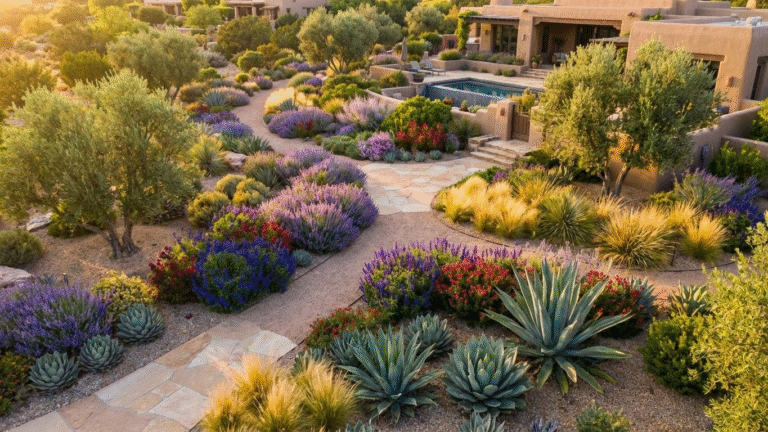 Stunning aerial view of a luxurious, mature xeriscaping garden. A winding gravel path is surrounded by colorful drought-tolerant flowering plants. The image showcases the Amazing beauty and sustainable design of Xeriscaping