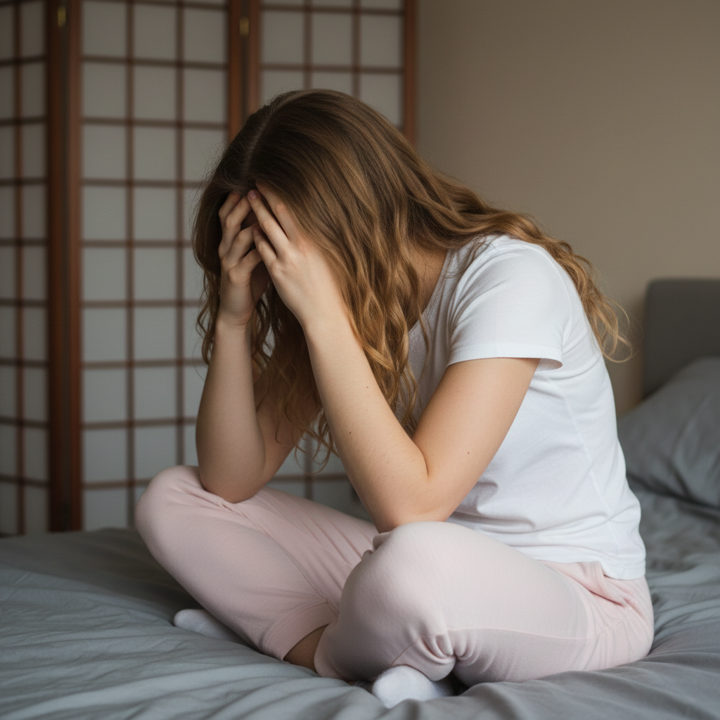 Anxiety-an anxious young woman on the bed