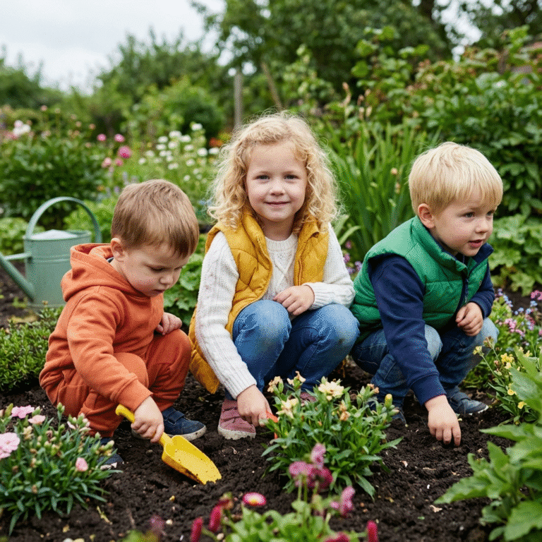 Garden-Therapy-for-Autism-Three-children-engaged-in-garden-therapy-activities-planting-flowers-together-in-a-therapeutic-garden-setting-for-autism-social-skills-development.