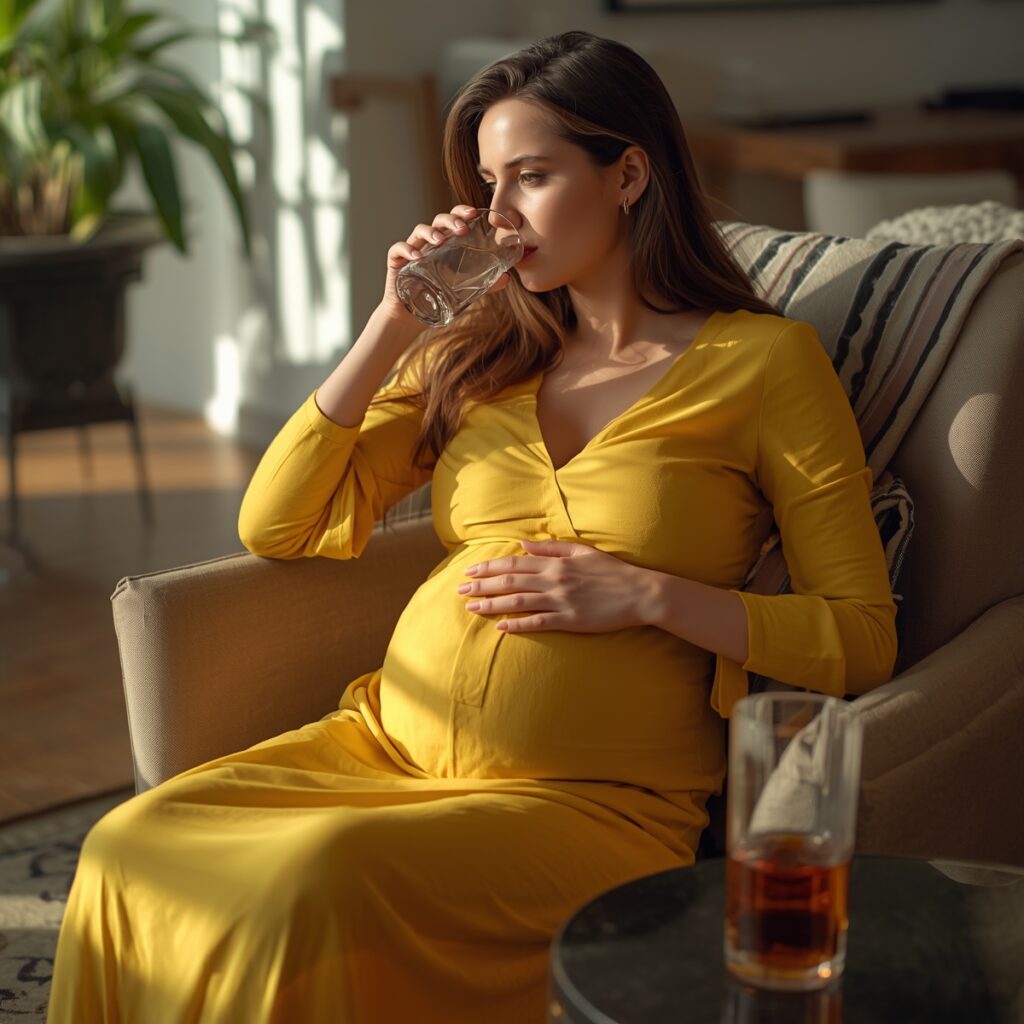 Rooibos Tea on the table ,A young pregnant woman, seated in a luxry living room she is enjoying drinking water for Pregnancy Hydration