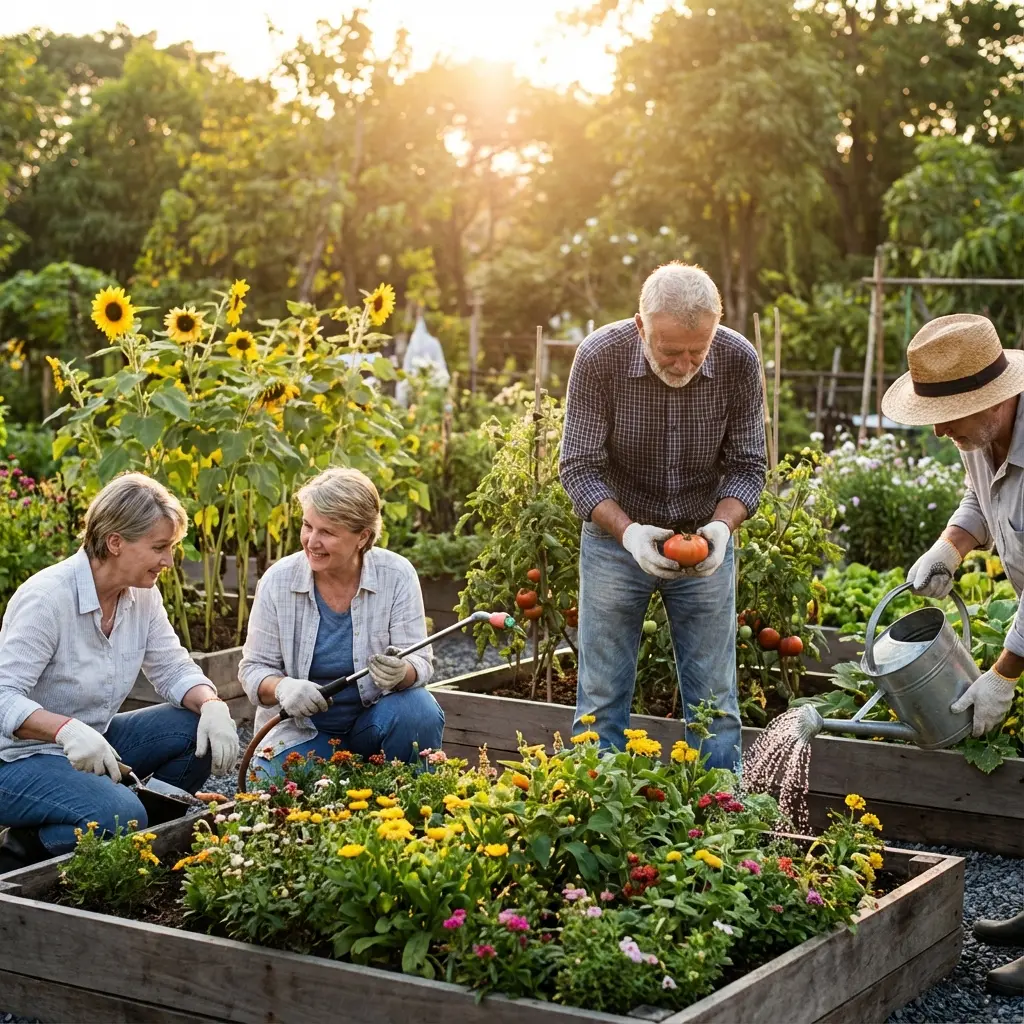 Veterans with PTSD -elderly individuals, appearing Caucasian, are actively engaged in gardening within a community garden