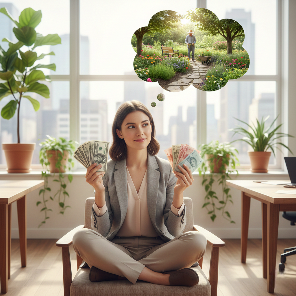Horticultural Therapist Salary, a Young professional holding US and Canadian money contemplating horticultural therapy career with salary potential of $45K to $95K shown in thought bubble with therapeutic garden scene