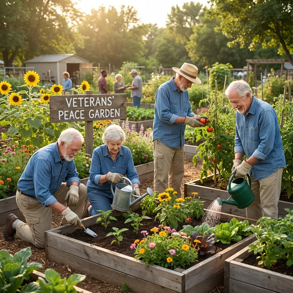 Veterans with PTSD harvesting fresh tomatoes and vegetables during therapeutic gardening session showing healing progress