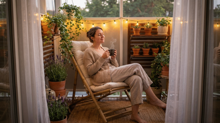 Balcony Therapy-a person on their balcony surrounded by plants, fully enjoying this anti-stress refuge