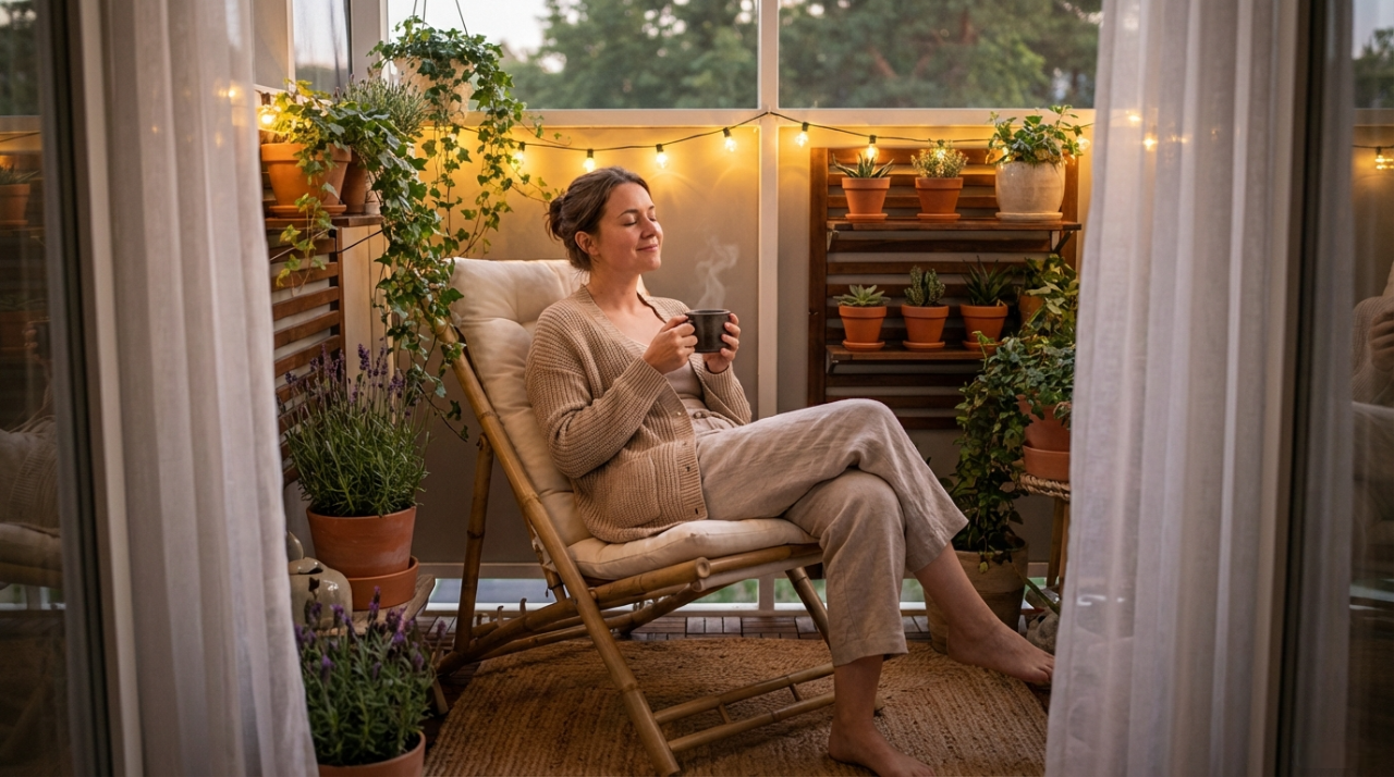 Balcony Therapy-a person on their balcony surrounded by plants, fully enjoying this anti-stress refuge