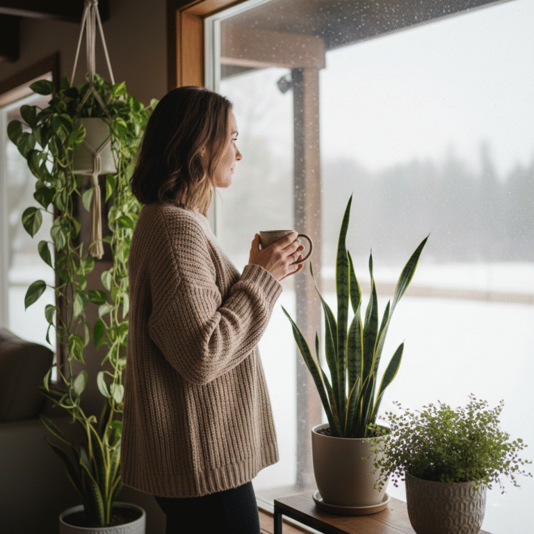 Winter Garden,Woman in cozy sweater holding coffee mug surrounded by indoor plants looking at snowy winter window, combating seasonal depression naturally
