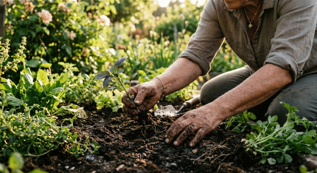 Therapeutic Horticulture , A person with their hands in the soil — close-up, warm natural light, sense of presence and calm