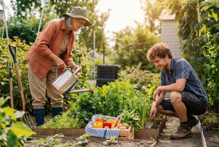 Therapeutic Horticulture for healthy lifestyle habits ,Senior woman and young man gardening together in a raised vegetable bed